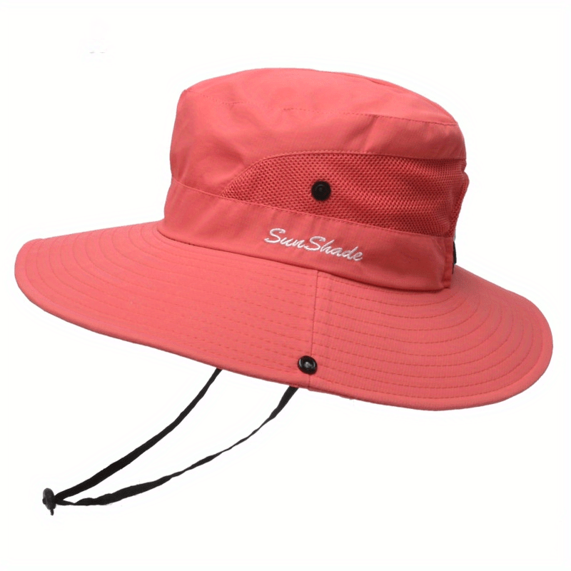 Stylish women's pink wide brim hat, essential for sunny day UV protection.