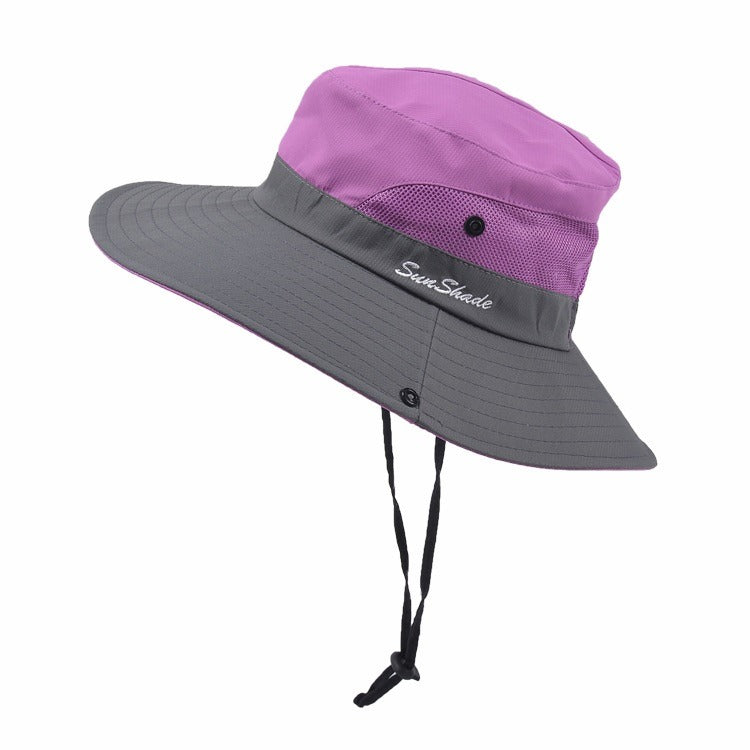 Women's pink wide brim beach hat, designed for optimal UV sun protection.