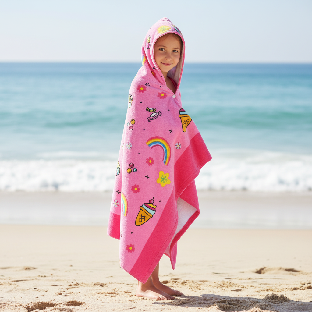 Playful kids' hooded cotton bath towel with cute animal embroidery, soft and absorbent for children's bath time.