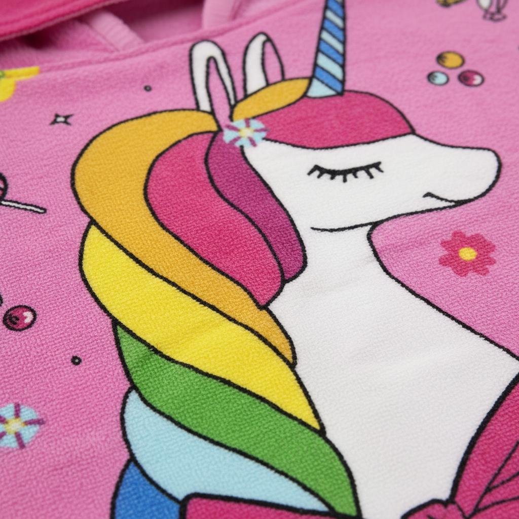 Modern cartoon embroidered kids' hooded towel in soft, absorbent cotton, ideal for bath time.