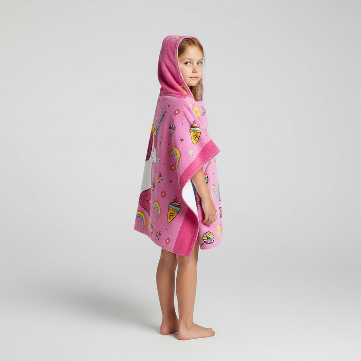 Soft cotton hooded towel for kids, featuring a modern cartoon embroidery, great for after bath.