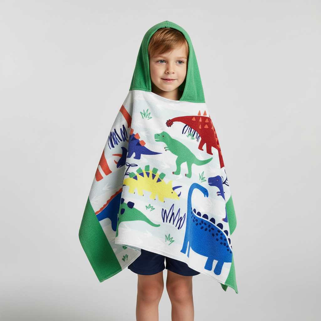 Absorbent and soft kids' hooded cotton towel with charming cartoon embroidery, ideal for young children.