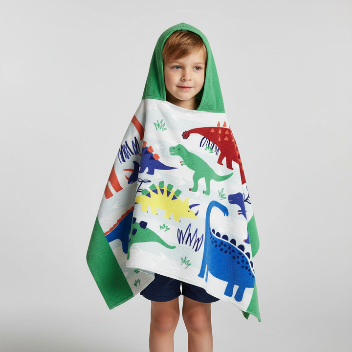 Absorbent and soft kids' hooded cotton towel with charming cartoon embroidery, ideal for young children.