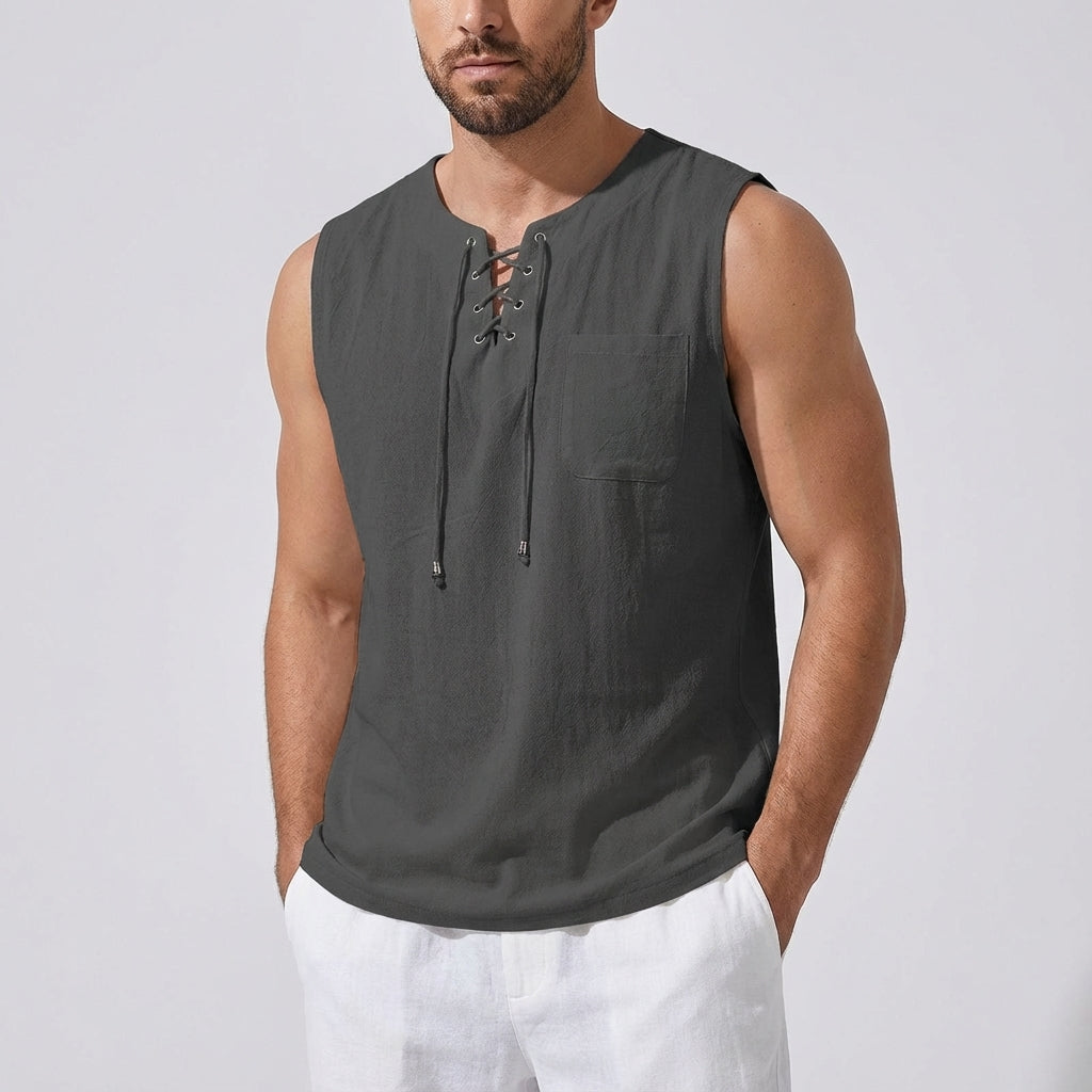 Summer-ready plus size men's Gary tank top, breathable, loose, and V-neck with decorative lacing