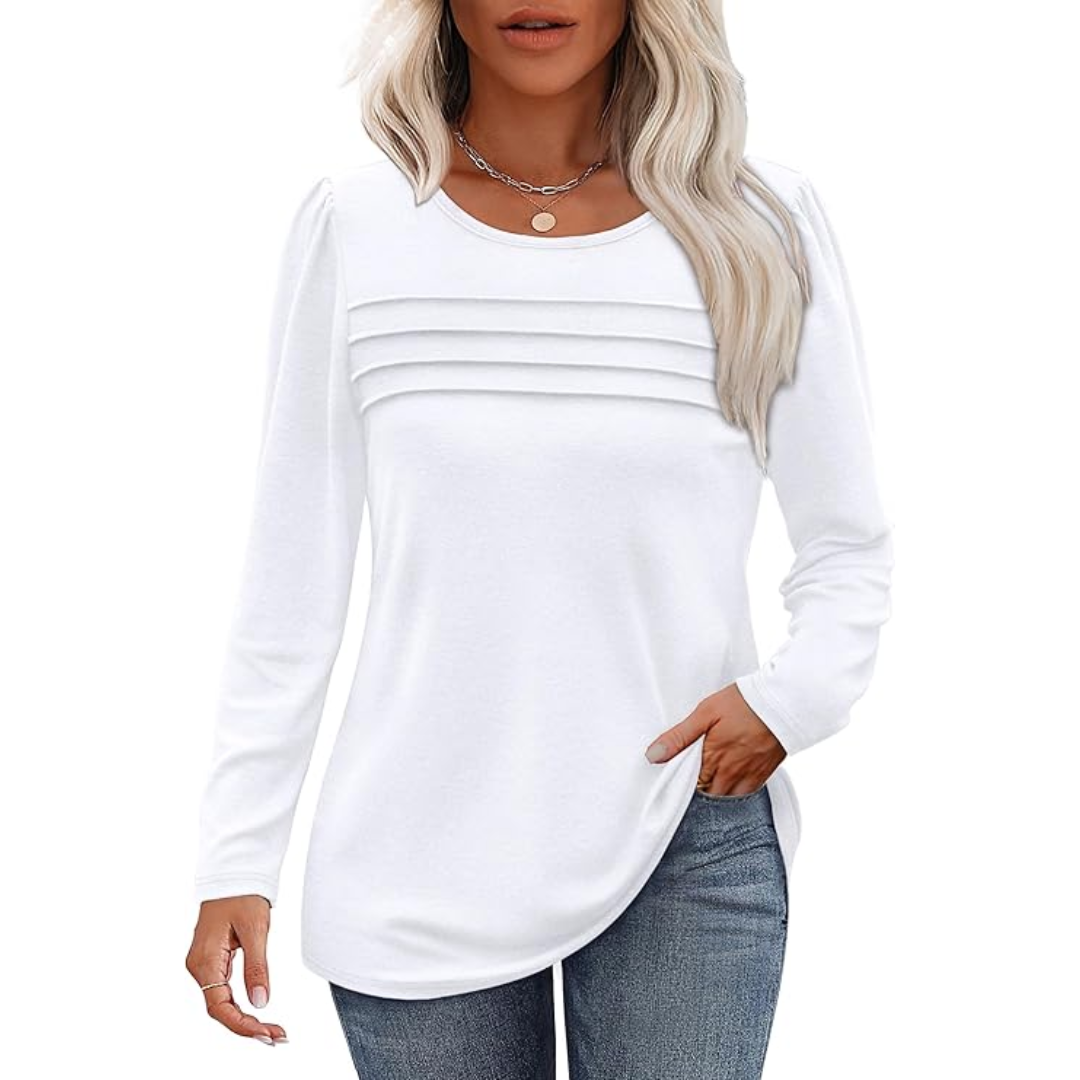 Flat lay of a women's plissé long sleeve tunic top, highlighting its texture and design