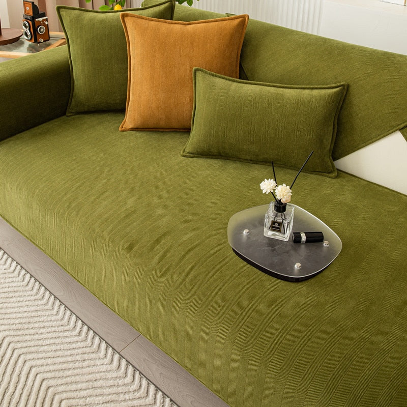 Durable plush chenille couch cover with herringbone design. Stain-resistant protection for everyday use.