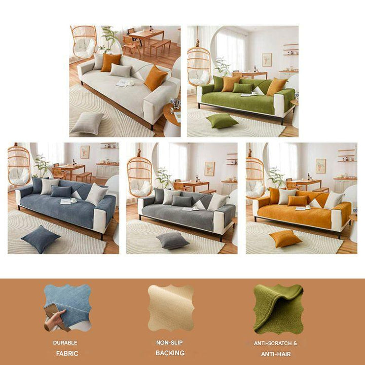 Plush chenille herringbone couch cover. Soft, durable furniture protector for living room comfort.