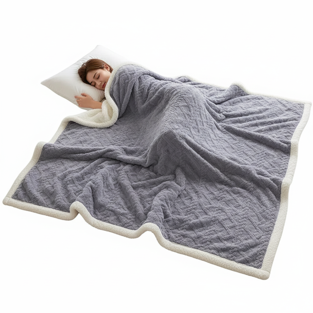 Comforting double-sided fleece and lambswool blanket, designed for ultimate warmth and a cozy home atmosphere.