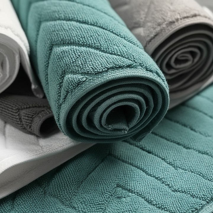 Luxurious blue cotton bath mat set, rectangular shape, perfect for modern bathroom decor