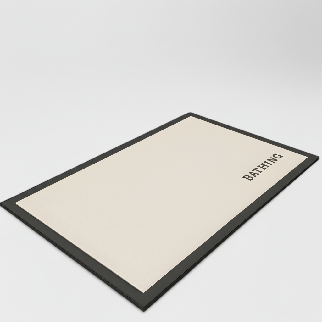 Water droplets on a soft bath mat, showcasing its super absorbent and quick-drying capabilities for bathroom comfort.