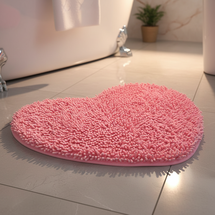 Plush heart-shaped chenille bathroom mat, super absorbent & soft underfoot, in a cozy home spa setting