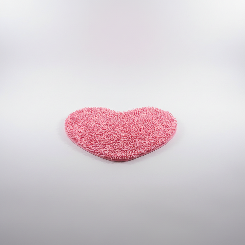 Close-up of a vibrant heart-shaped chenille bath mat, highlighting its soft texture and absorbency