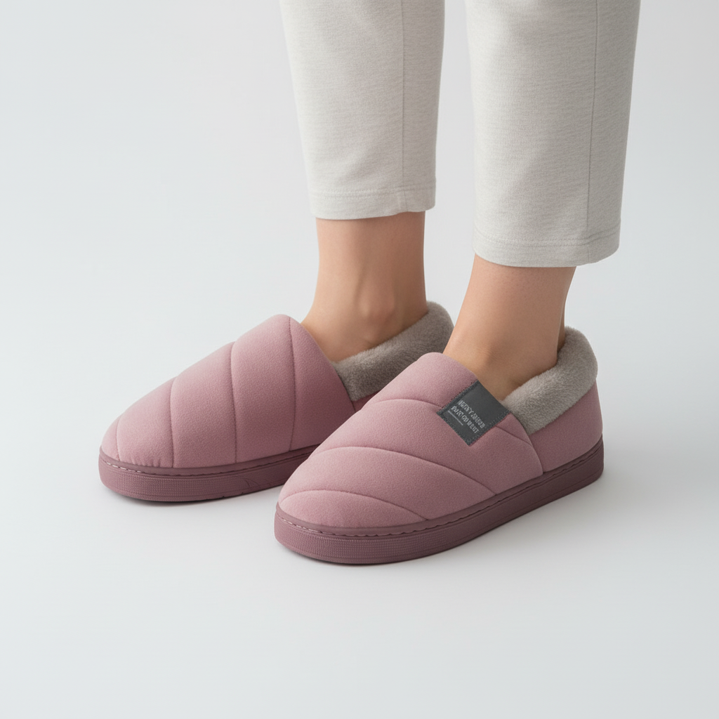 Comfortable pink women's fleece slippers, ideal indoor footwear for cozy lounge at home