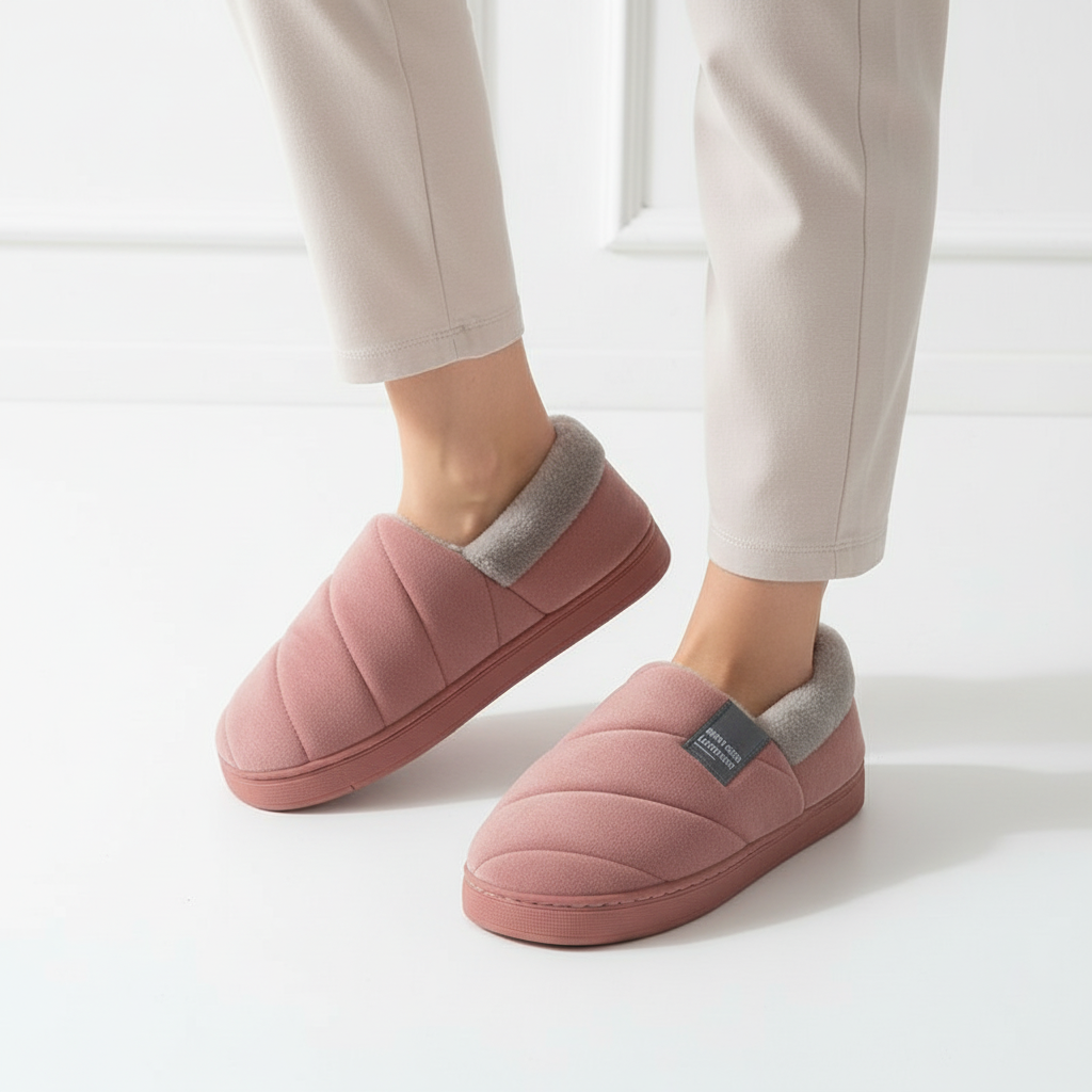 Side view of a woman's foot in a warm, fleece-lined slipper, showcasing the plush comfort