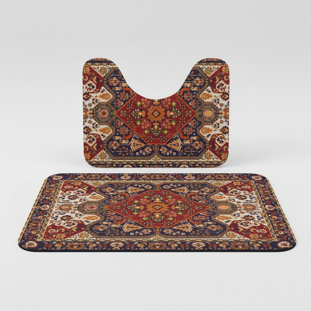 Close-up of a soft, machine washable LuxuriMat microfiber bath mat, highlighting its absorbent texture and elegant floral pattern for home decor.