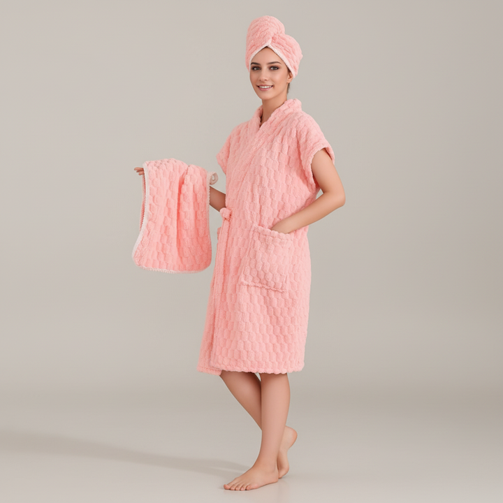 Women's loungewear: luxurious microfiber bathrobe set with matching towels for ultimate home wellness.