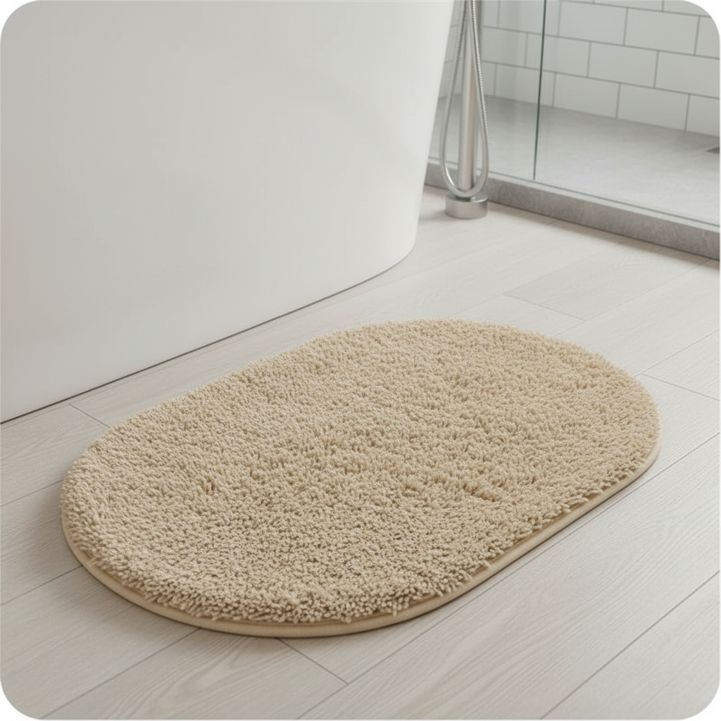 Plush microfiber bath mat, non-slip, absorbent, for safe bathroom decor and comfort