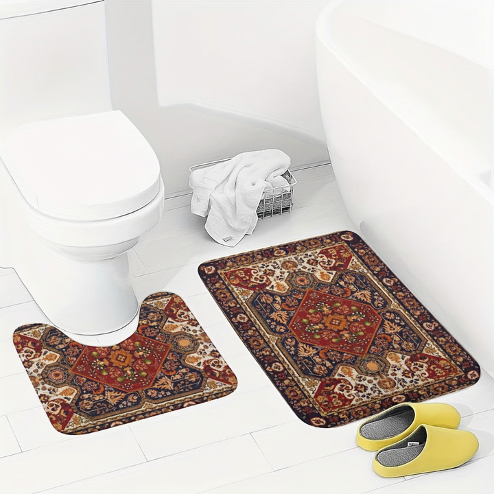 Plush microfiber bath mat set in a bathroom, highlighting the absorbent, non-slip comfort and floral design