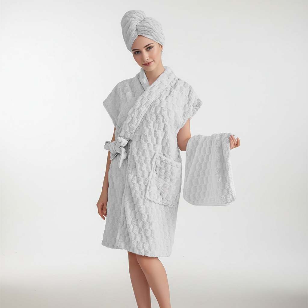 Luxurious SoftRobe women's loungewear, a 3-piece microfiber set for spa-like post-shower relaxation.