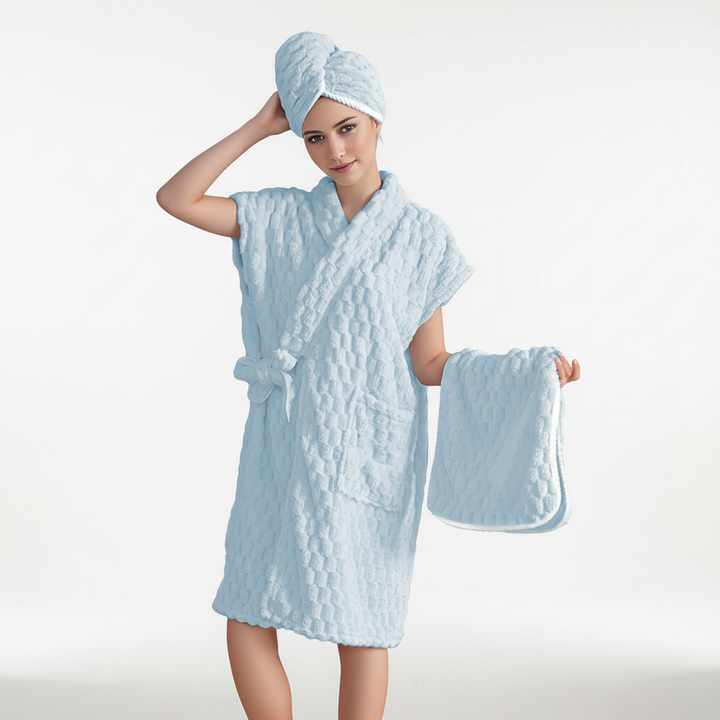 Elegant women's plush microfiber bathrobe set, 3 pieces, providing quick-dry and cozy comfort.