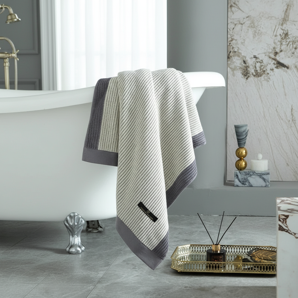 Plush organic cotton spa towel, eco-friendly & absorbent, in a light, neutral color on a wooden surface.