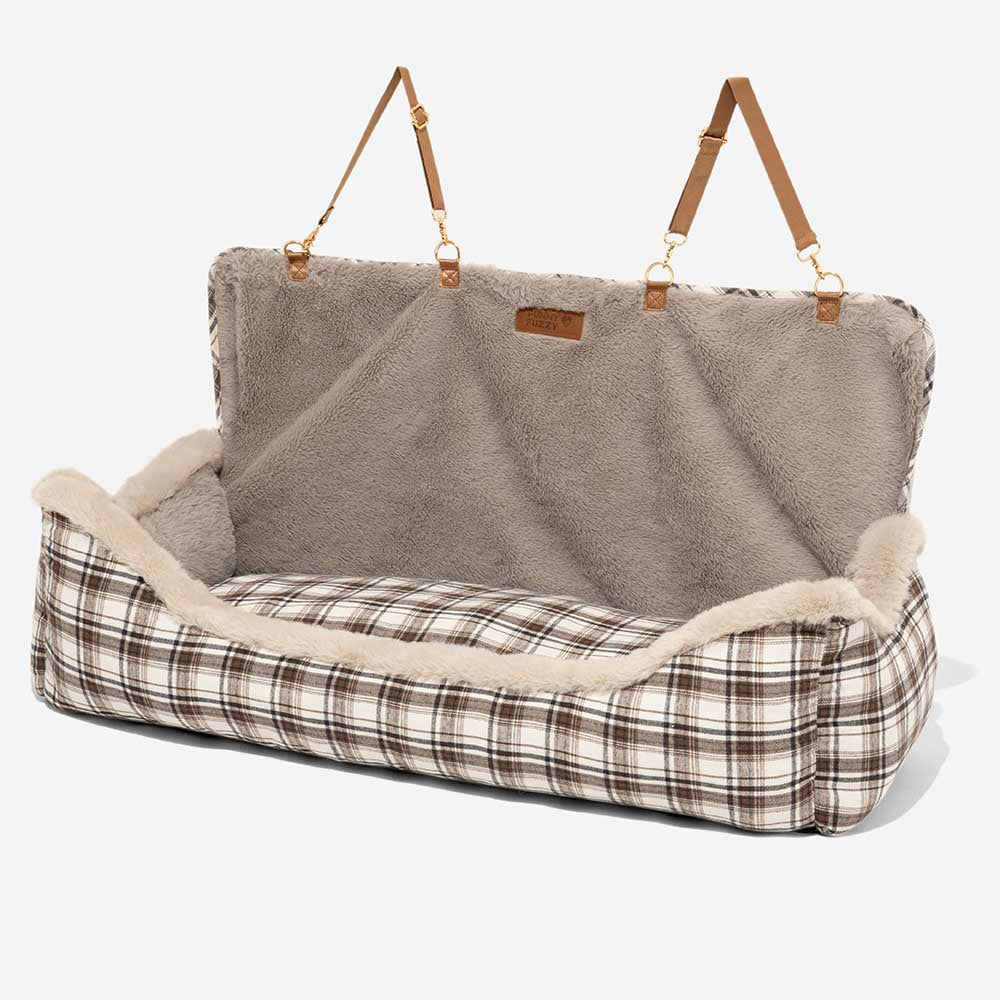 Luxurious plush car seat for dogs, designed for ultimate comfort and secure pet travel.