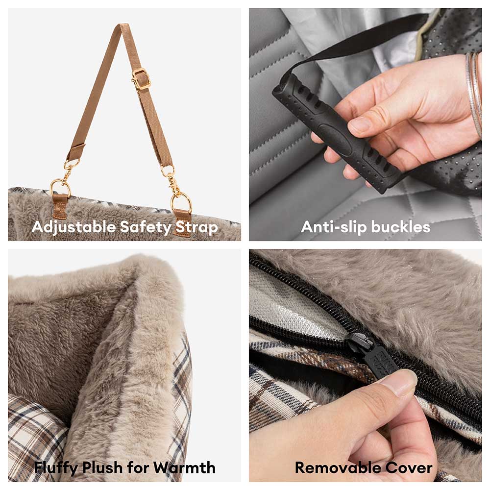 Secure pet car seat, a plush dog bed for comfortable and safe travel for medium dogs.
