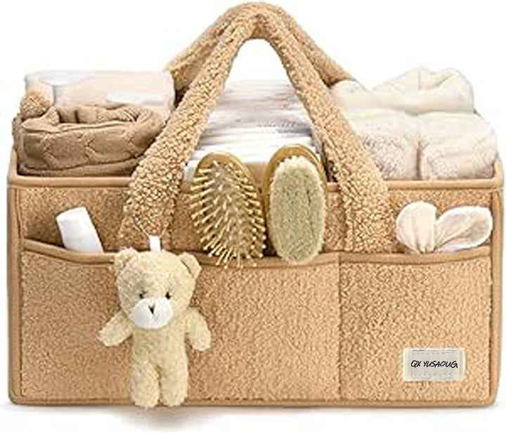 Plush sherpa baby nappy caddy organizer with removable dividers, soft pink, nursery storage essential