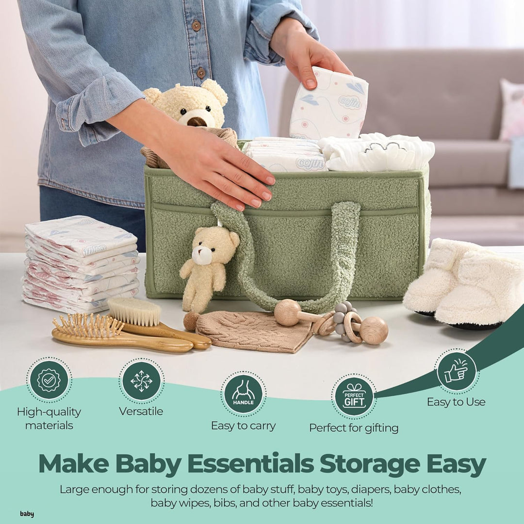 White sherpa caddy organizer, showcasing its soft yet durable construction, ideal for new parents
