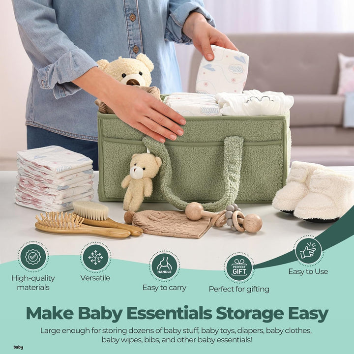 White sherpa caddy organizer, showcasing its soft yet durable construction, ideal for new parents