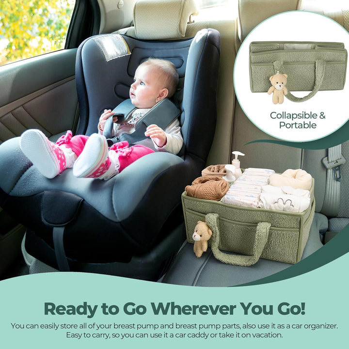 Beige sherpa storage basket with a baby changing mat, convenient for on-the-go parents