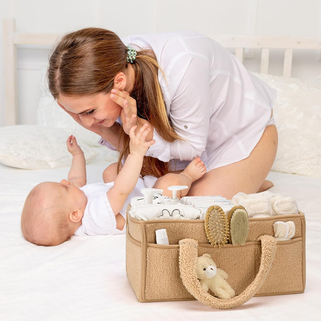 Elvoria sherpa diaper caddy, beige, for baby essentials, stylish and functional nursery organizer