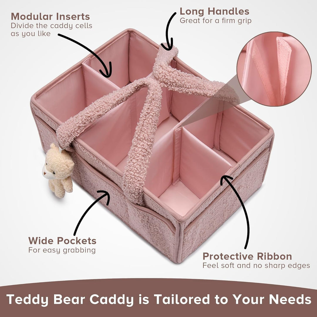 White sherpa nappy caddy with a thermometer and baby grooming kit, health essentials storage