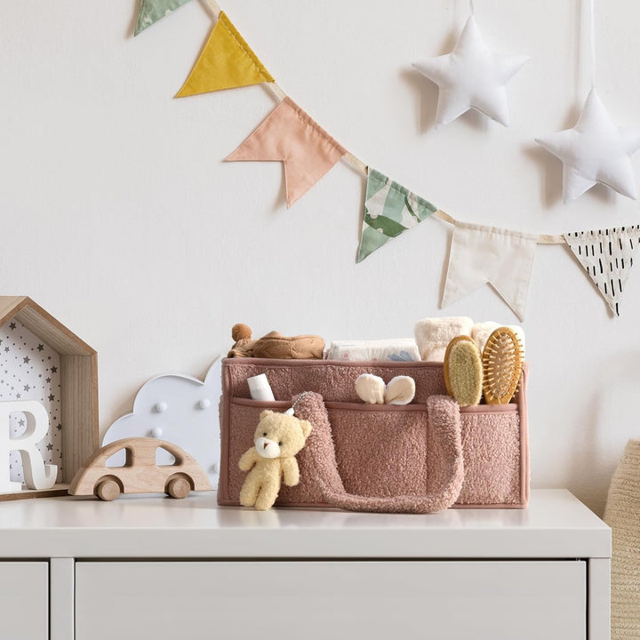 Green sherpa baby caddy, showcasing its spacious interior for various baby products, efficient