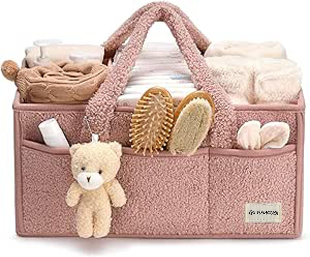 Detail of the removable divider system in a pink sherpa baby caddy, customizable organization