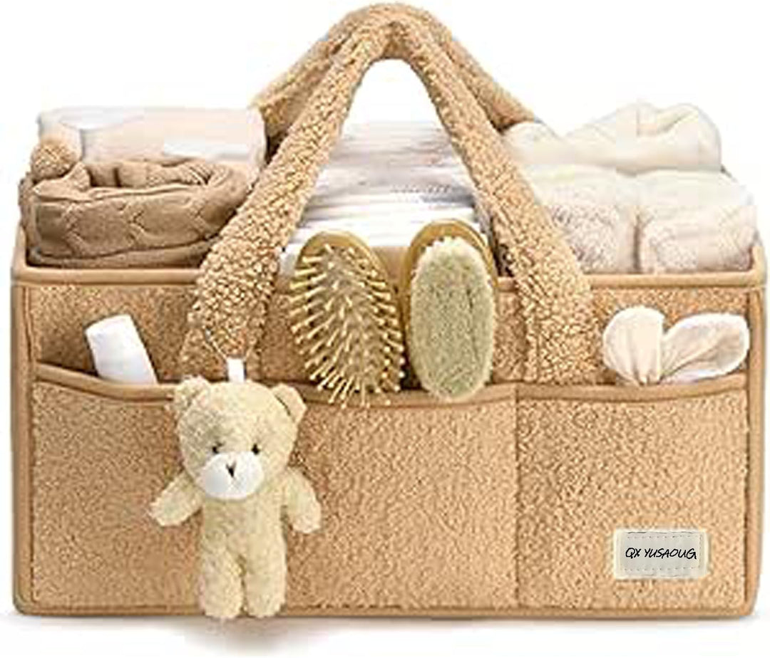 White sherpa baby caddy on a nursery shelf, blending form and function seamlessly