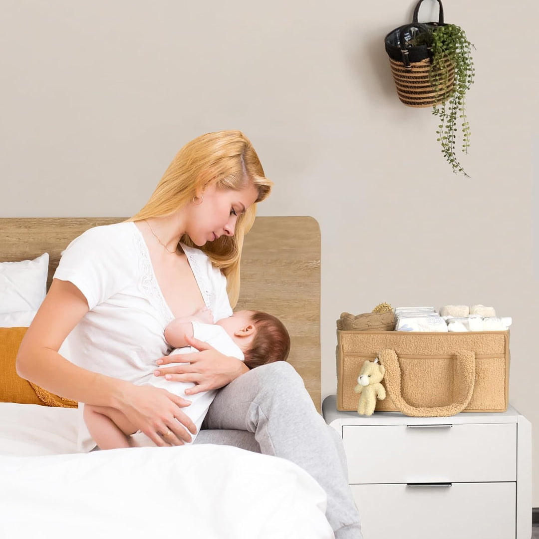 Green sherpa nappy caddy, easy to clean surface for busy parents, practical nursery item