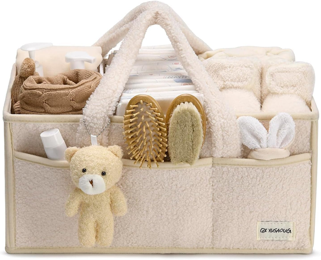 Beige sherpa storage basket with a book and teether, versatile for baby's needs