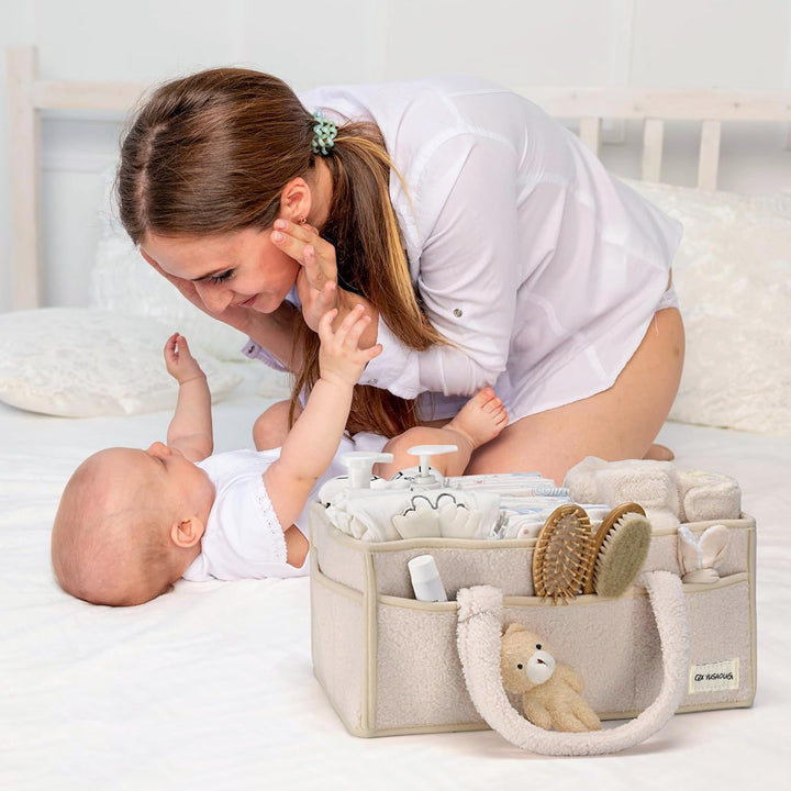 Beige Elvoria sherpa nappy caddy, a must-have for a well-organized nursery, perfect gift
