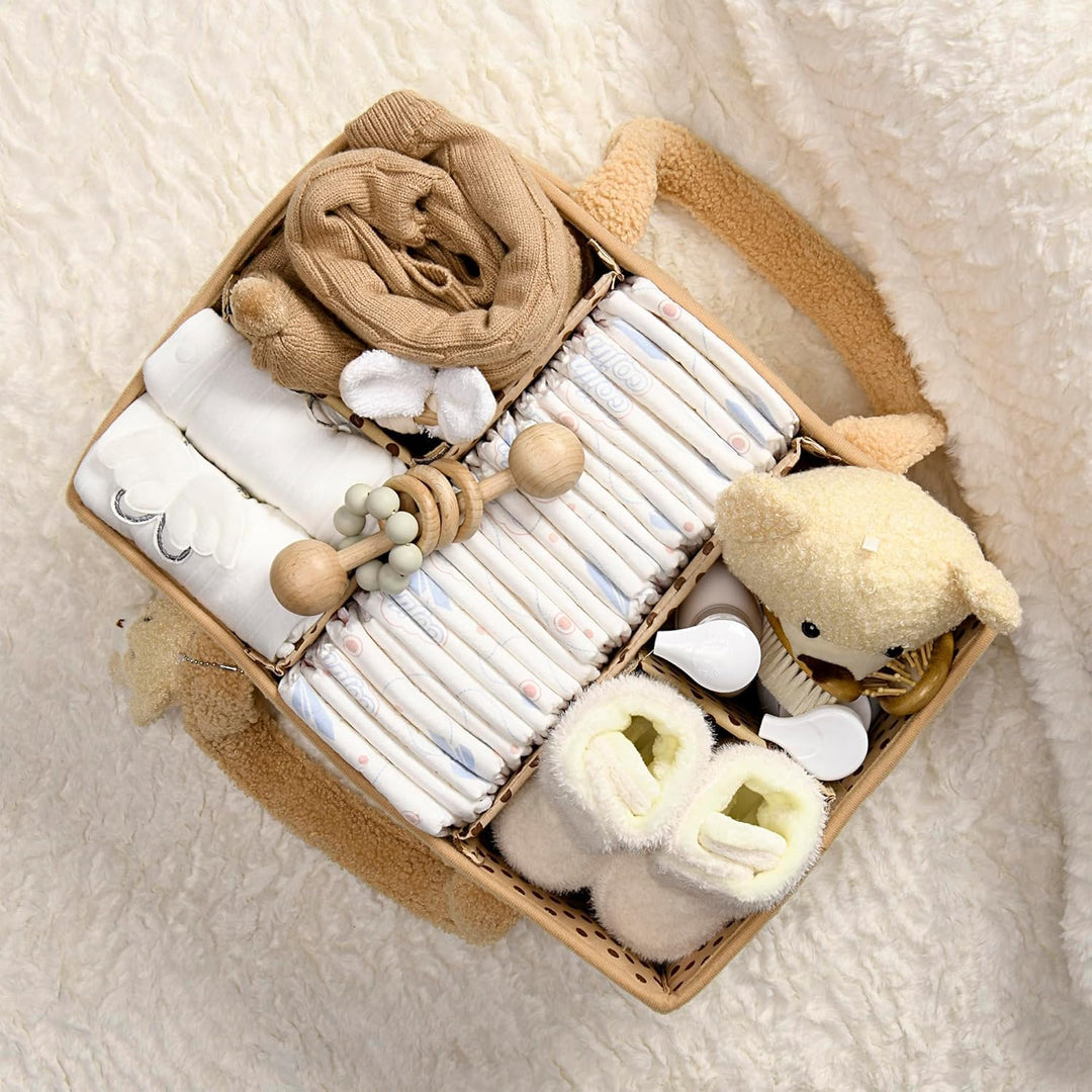 White sherpa nappy caddy with baby bottles and blankets, multipurpose storage solution
