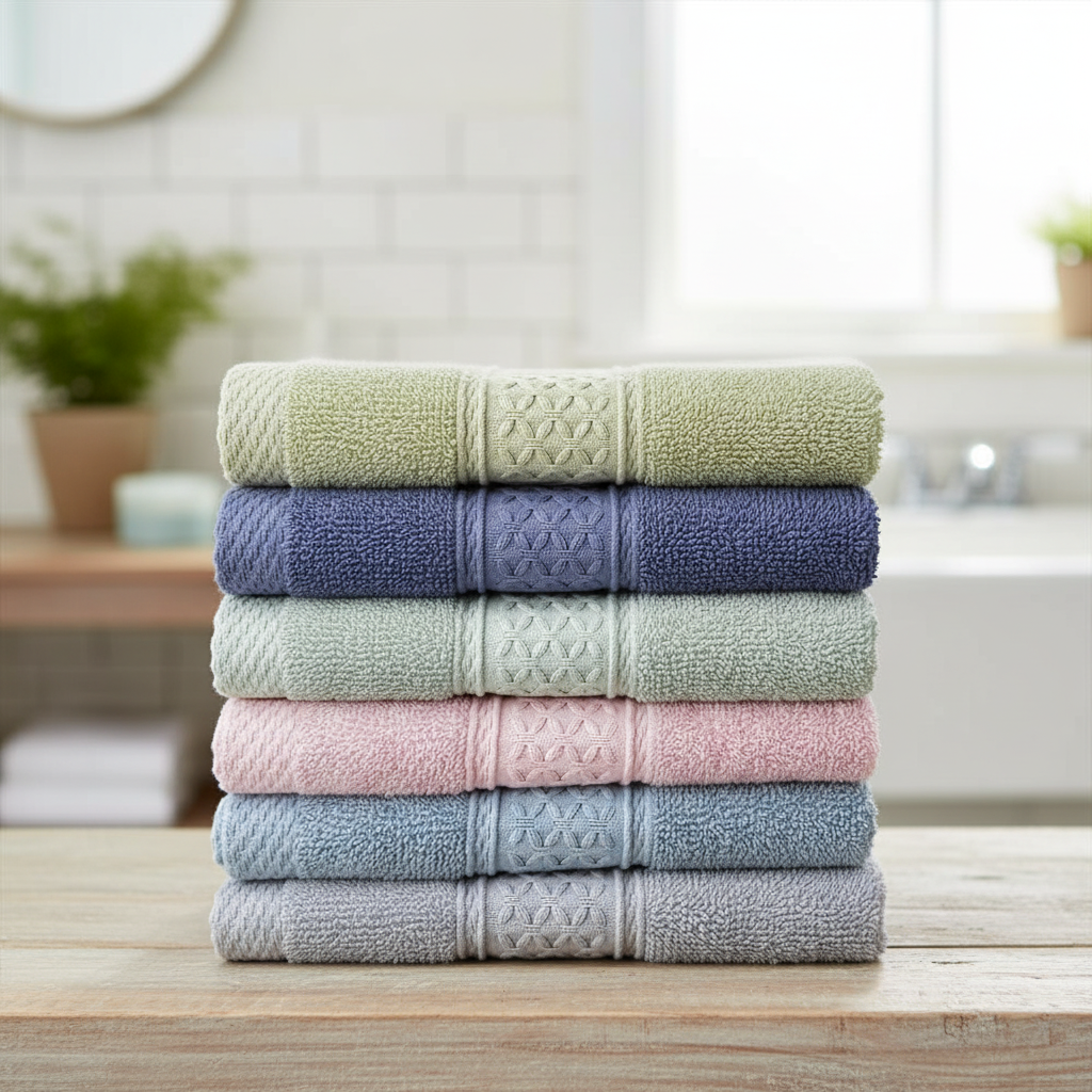 Plush six-piece cotton towel set in a rustic bathroom, featuring absorbent bath towels & washcloths.
