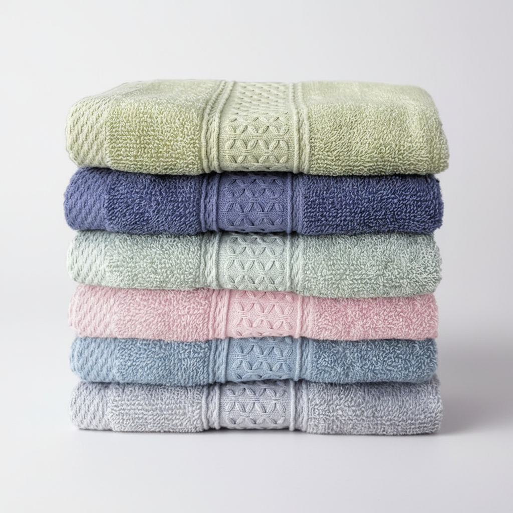 Soft, white six-piece cotton towel set, perfectly folded, showcasing quality bathroom linens.