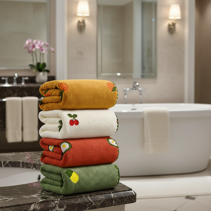 Plush unisex bath towel with vibrant fruit embroidery, absorbent cotton for quick drying