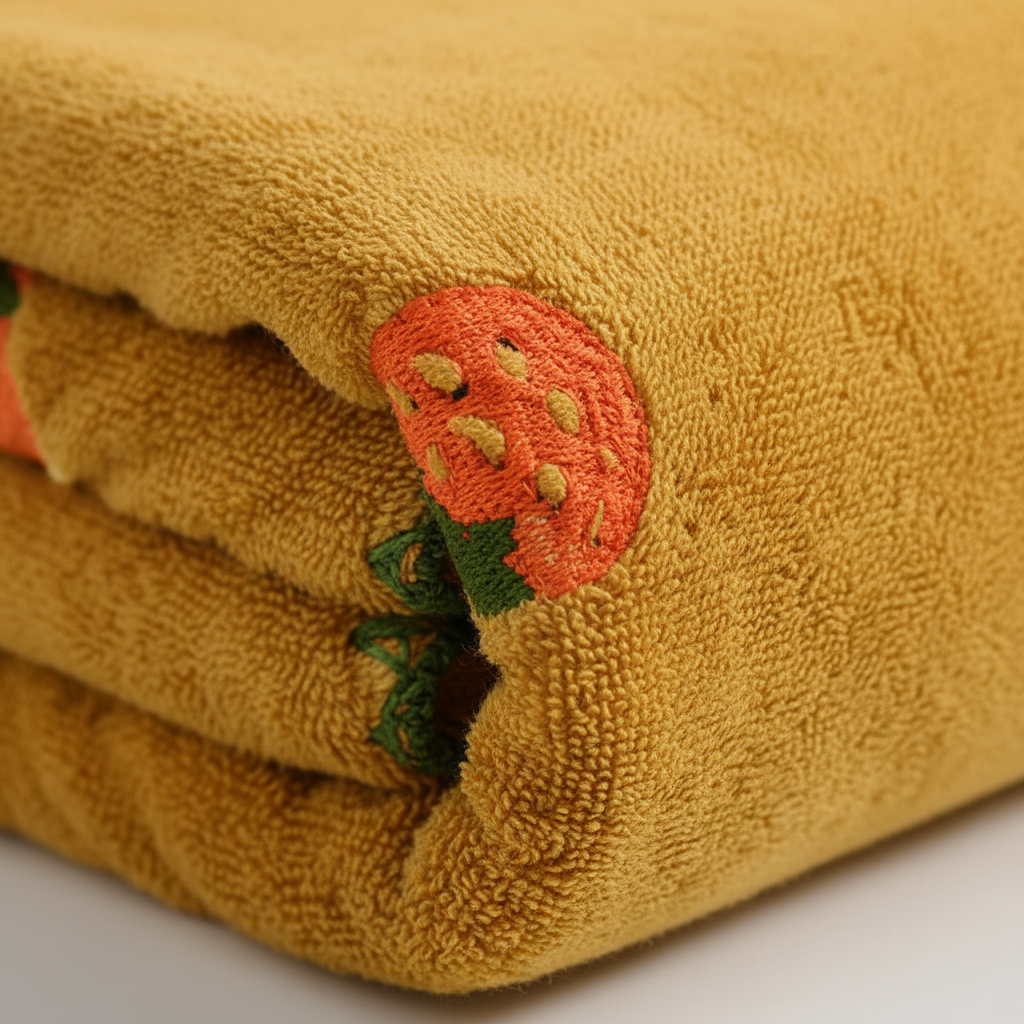 Close-up of a fruit design embroidered on an absorbent, soft cotton unisex bath towel