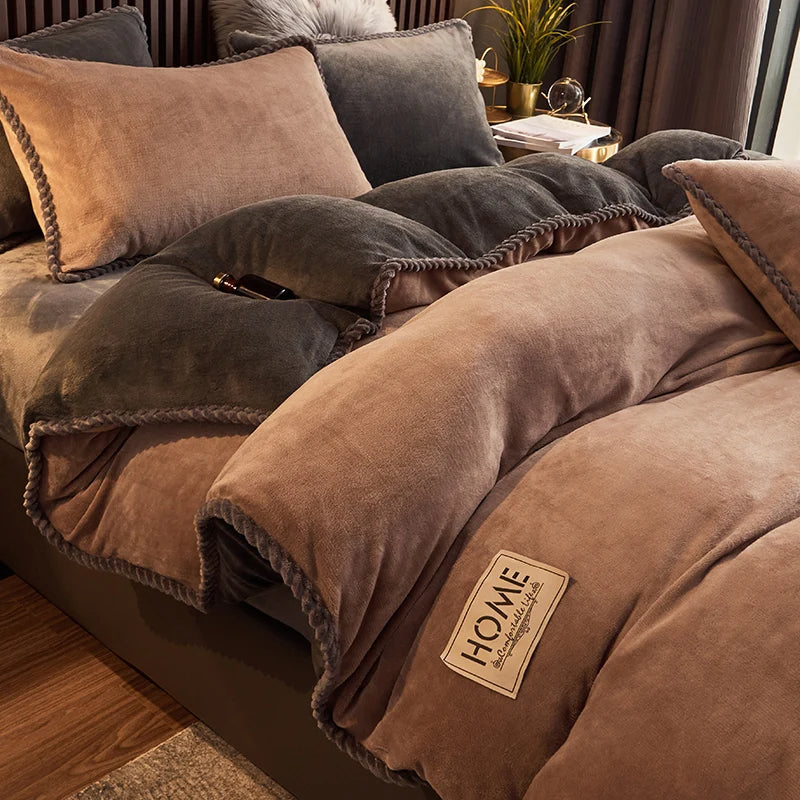 Packaging image of a velvet fleece duvet cover set, ready to bring cozy winter warmth to any bedroom.
