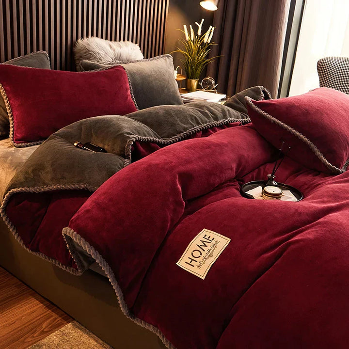 Detail shot of velvet fleece duvet cover seam, showing quality craftsmanship in home textiles for winter warmth.