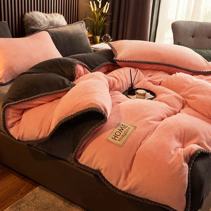 Bedroom decor with a styled velvet fleece duvet cover set, enhancing the room's comfort and winter appeal.