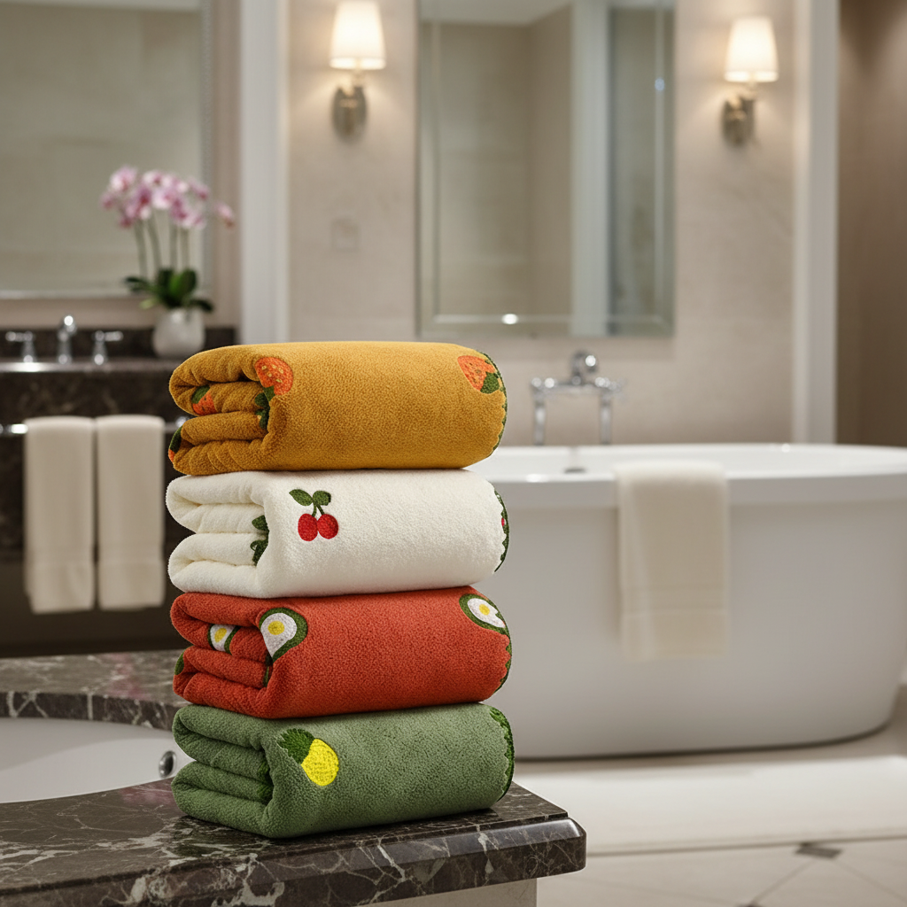Plush white luxury bath towel with vibrant fruit embroidery, perfect for absorbent bathroom decor.