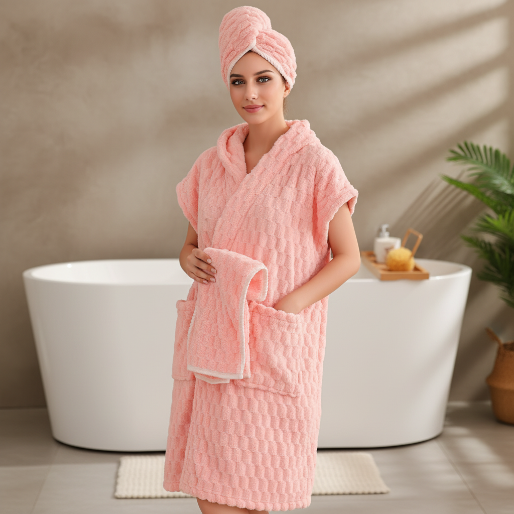 Plush white microfiber bathrobe & matching towel set for women, displayed neatly folded on a spa bed.