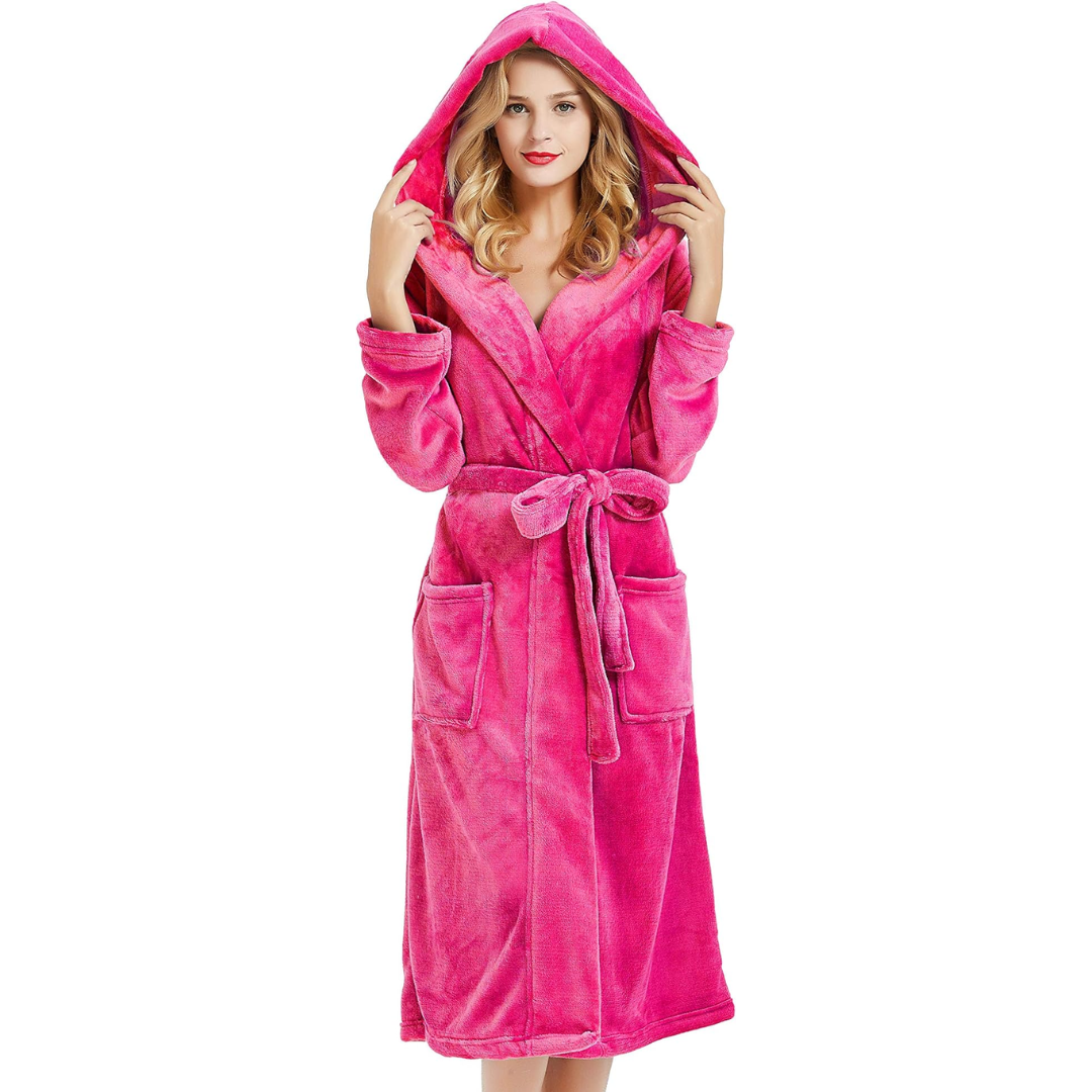 Soft white women's fleece hooded bathrobe with tie waist, ultimate comfort for home lounging.